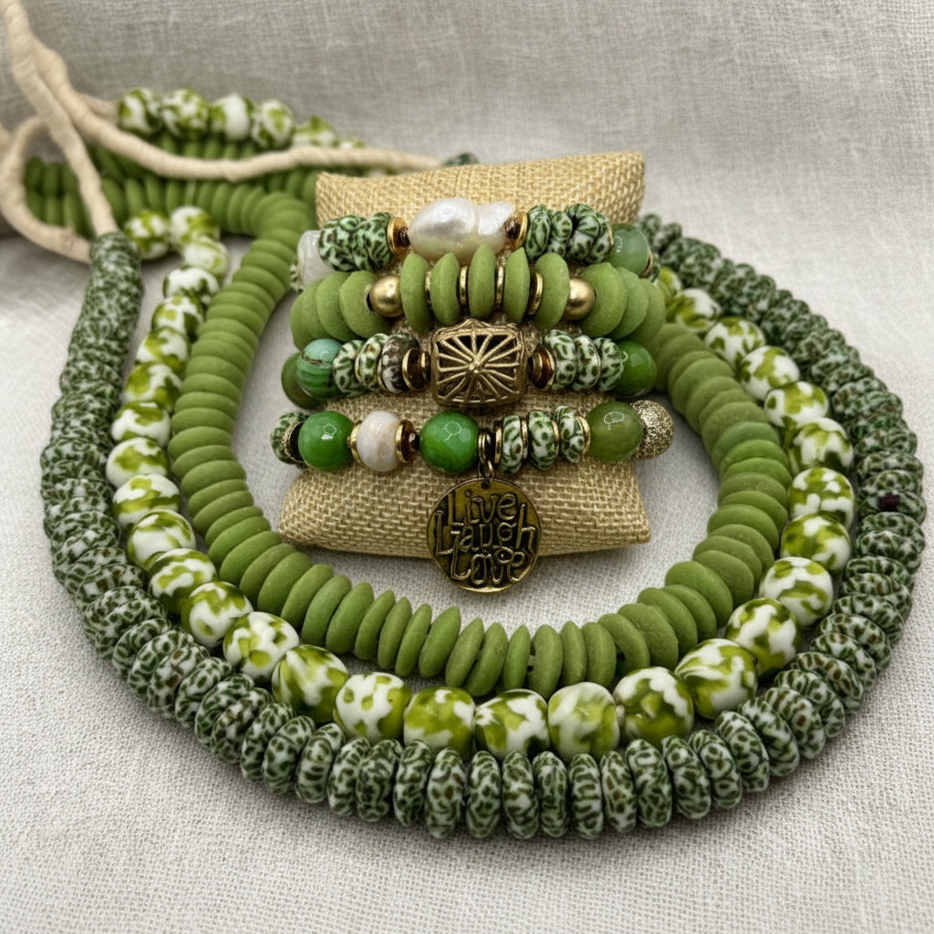 Green beaded bracelets with gold accents on a textured surface
