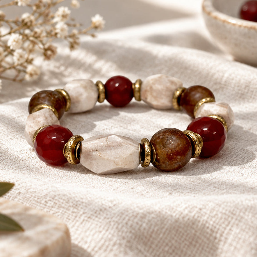 Beaded bracelet with red, beige, and gold beads on a white surface with decorative plants in the background.