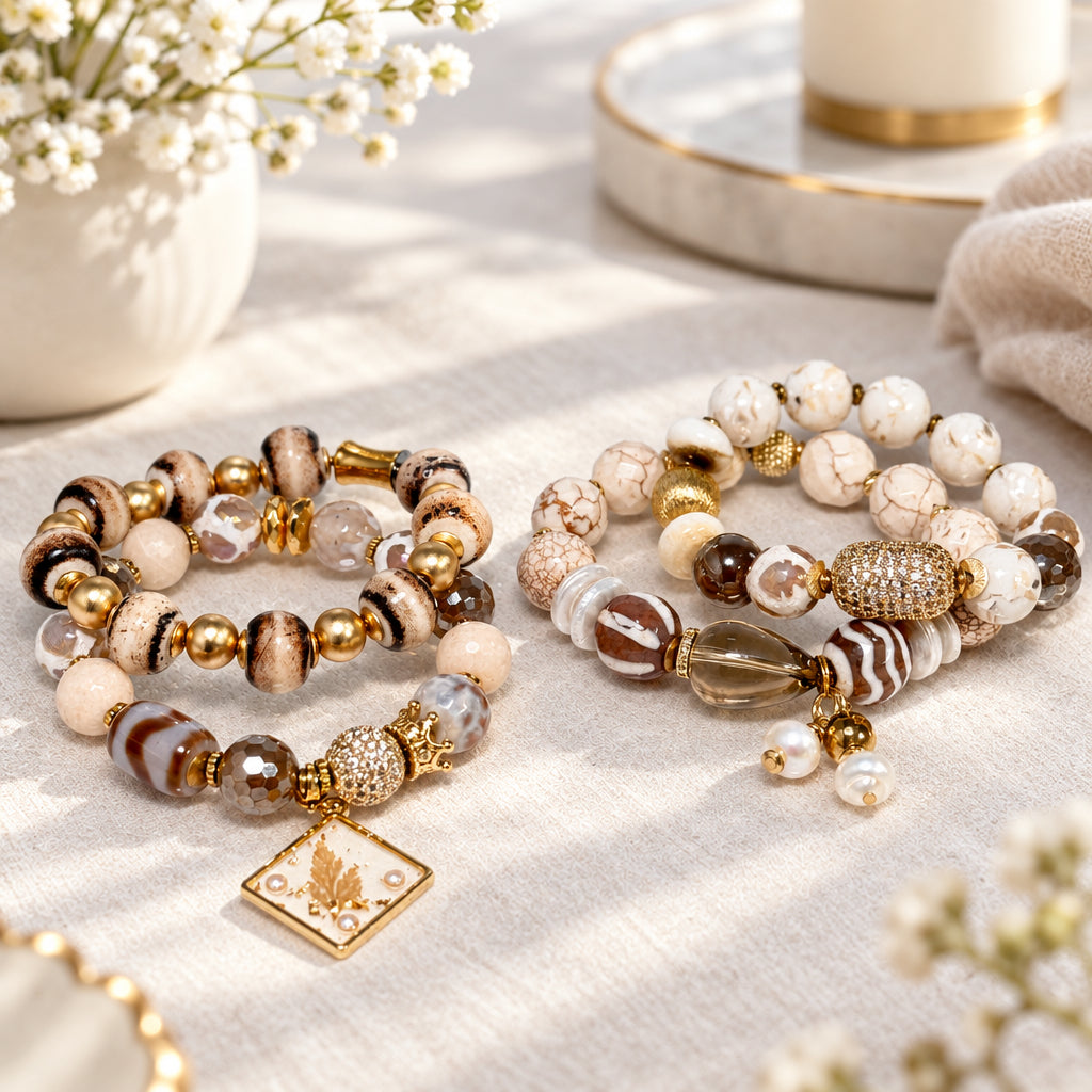 Two beaded bracelets with gold accents on a white surface, with a decorative glass container in the background.