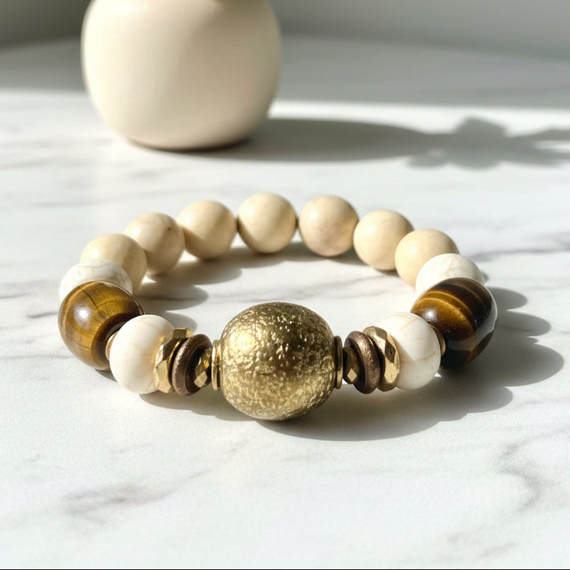 A bracelet with a combination of beige, brown, and gold beads, displayed against a neutral background.