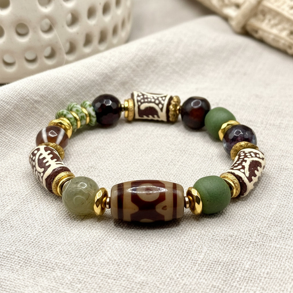 A bracelet with a mix of round and oval beads in various colors including green, brown, white, and gold, with decorative patterns.