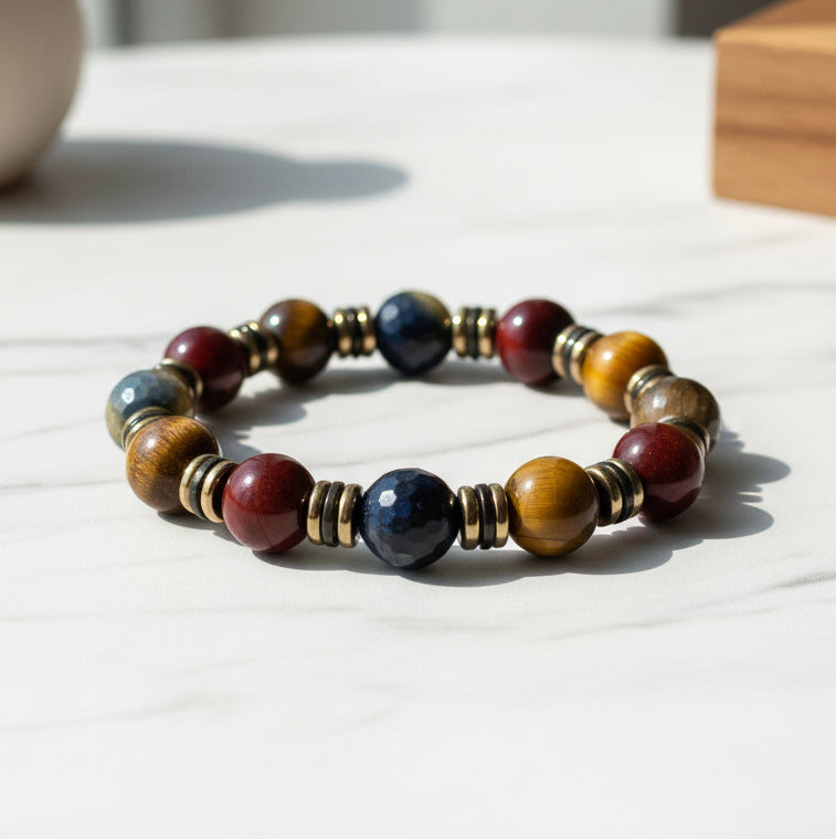 Beaded bracelet with brown, blue, and gold beads on a white background
