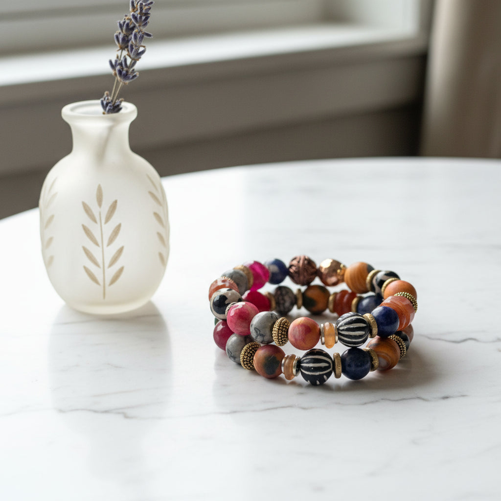 Multicolored beaded bracelet on a white surface with a gray fabric background