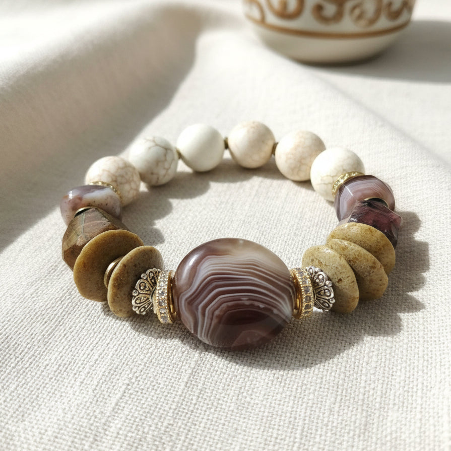 A beaded bracelet with a mix of multicolored beads and a central amber-colored bead, gold-tone hardware on a linen background.