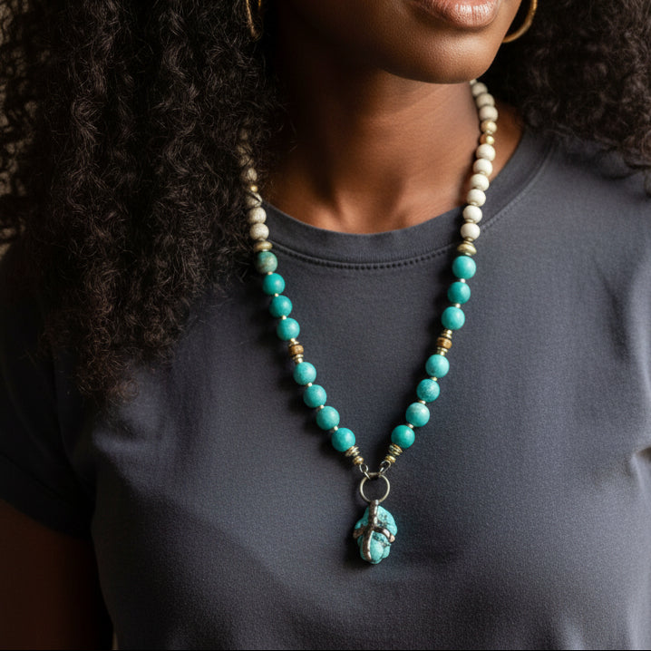 Woman wearing a necklace with turquoise beads and a silver charm against a neutral background