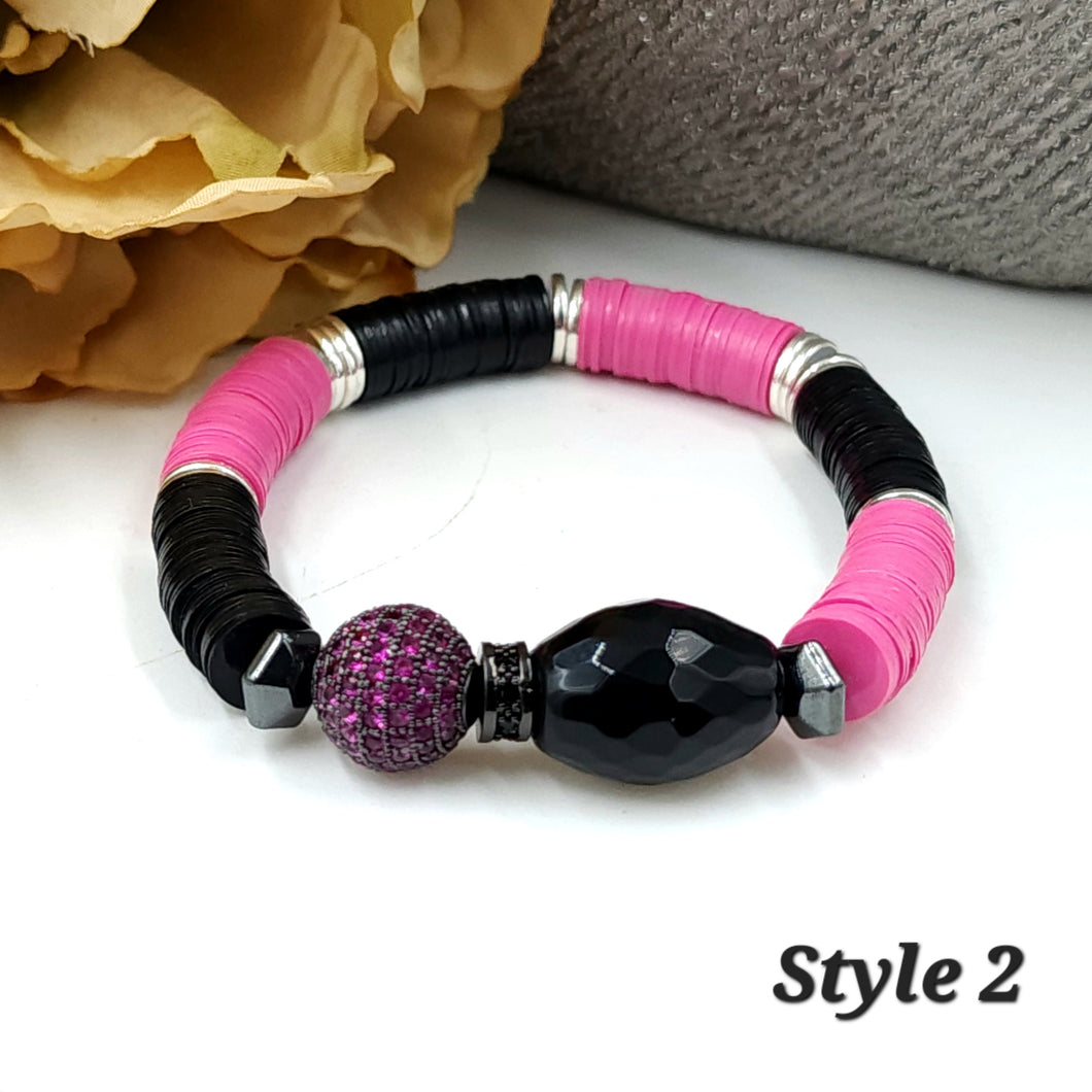 SL) Pink, Black & Turquoise Heishi Stack