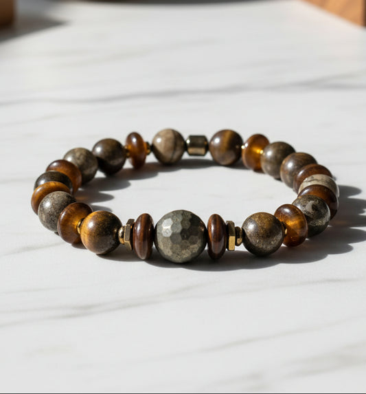 Beaded bracelet on a wooden surface with a glass of beer and keys in the background