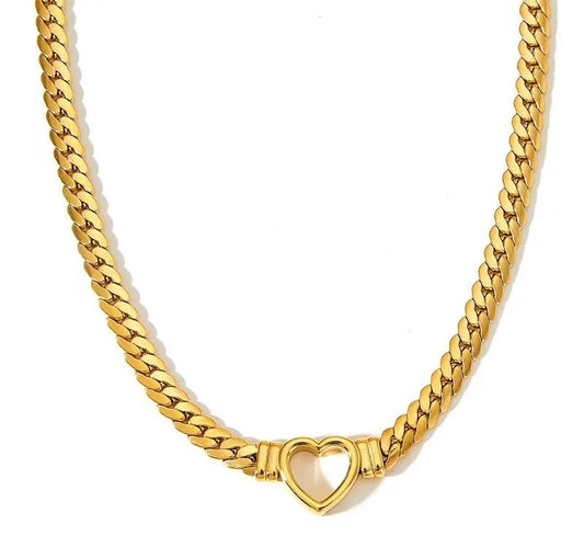 Gold herringbone chain necklace with a heart-shaped pendant on a white background