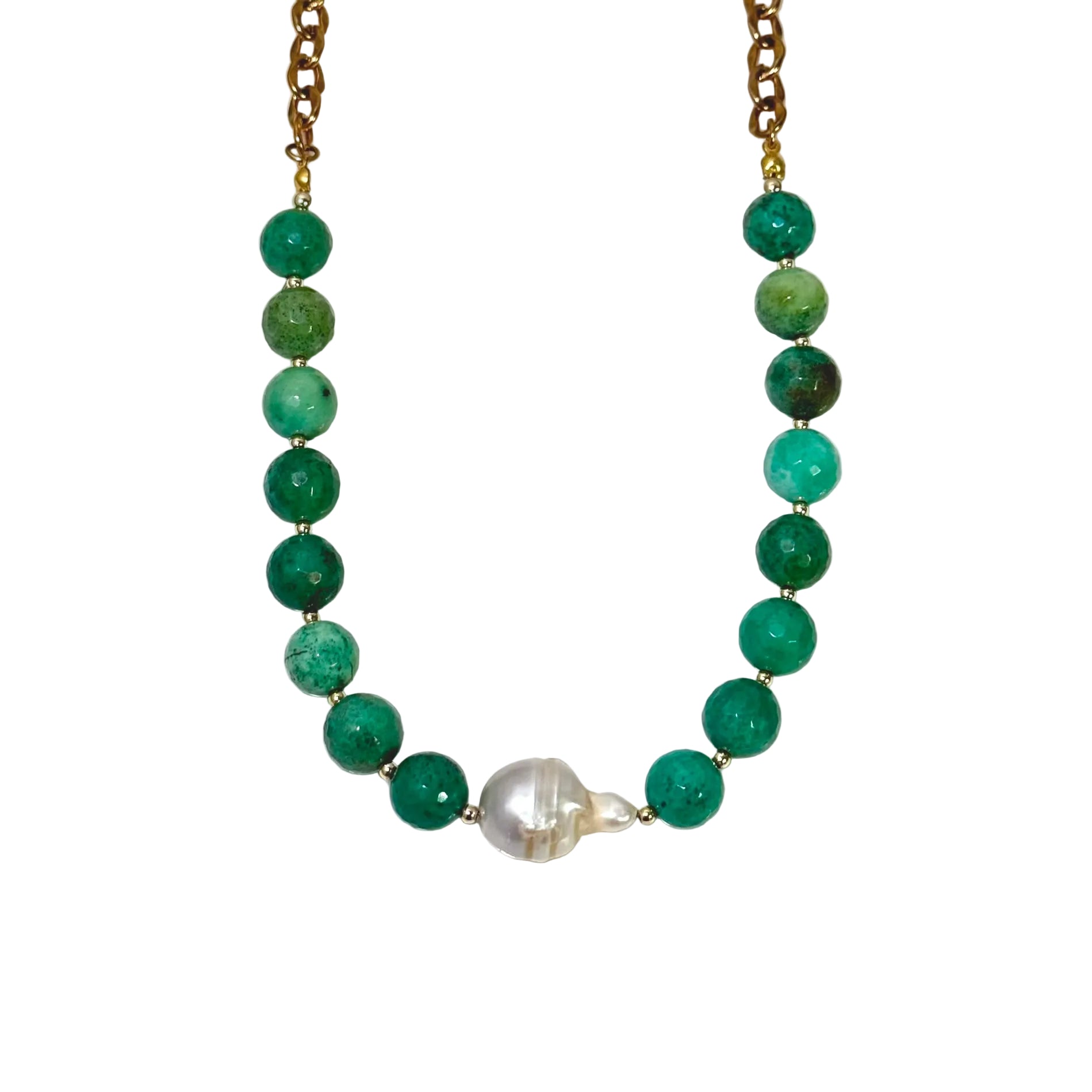Necklace with green beads and a pearl on a white background