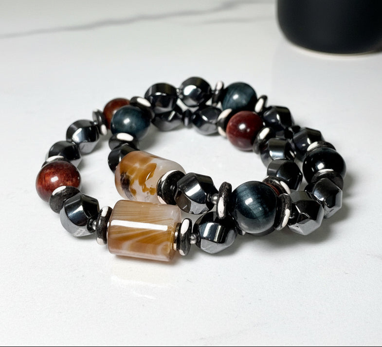 Multicolored beaded bracelets on a white background