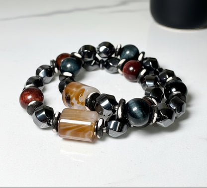 Multicolored beaded bracelets on a white background