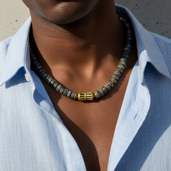 Rondelle Labradorite men's necklace on a man wearing a blue button down shirt