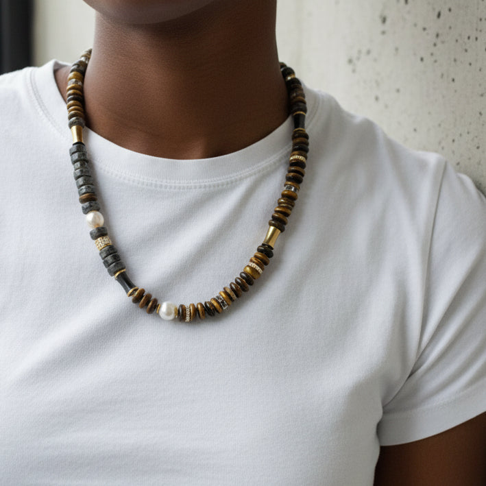 Tiger eye and labradorite necklace on a black female model wearing a white tshirt