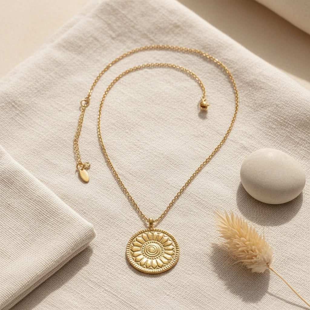 Gold necklace with a decorative pendant on a white background