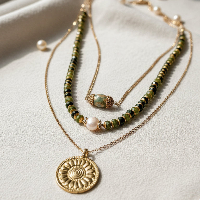 Three necklaces with different pendants on a white background