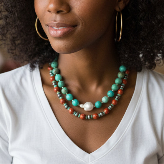 Beaded necklace with turquoise, coral, and pearl-like beads on a black model.