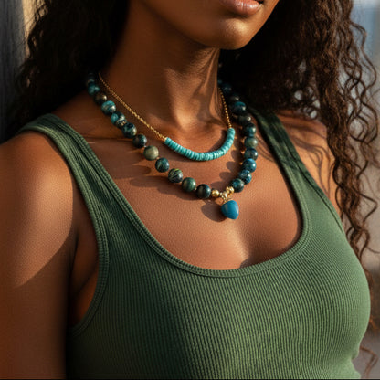Beaded necklace with blue and green stones on a black model