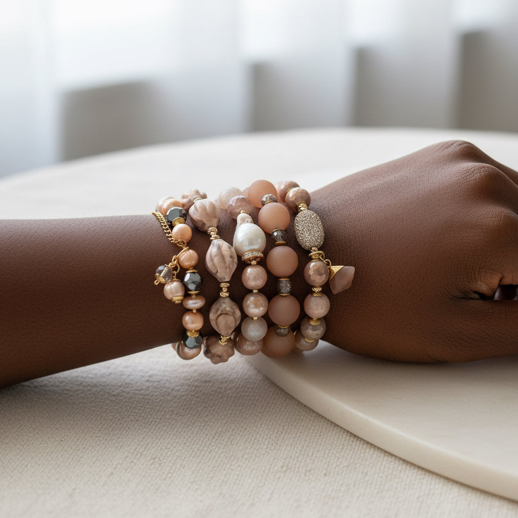 Set of beaded bracelets on a black female model and linen fabric 