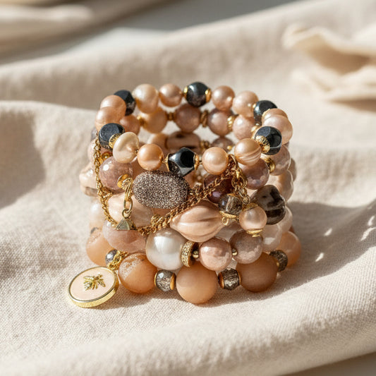 Stack of beaded bracelets with gold accents on a beige fabric background